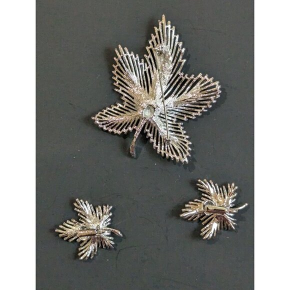 Vintage Sarah Coventry Silver Tone Leaf Brooch & Clip Earrings Set 3" brooch  Es - Picture 3 of 7
